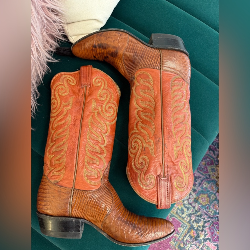 Tony Lama Orange and Brown Embroidered Leather Western Heeled Boots
